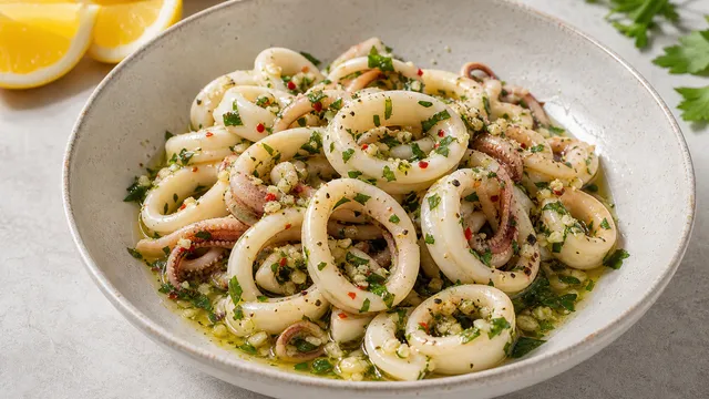 Keto Tintenfischsalat italienisch mit Calamari-Ringen, Olivenöl, Zitrone, Knoblauch und Petersilie