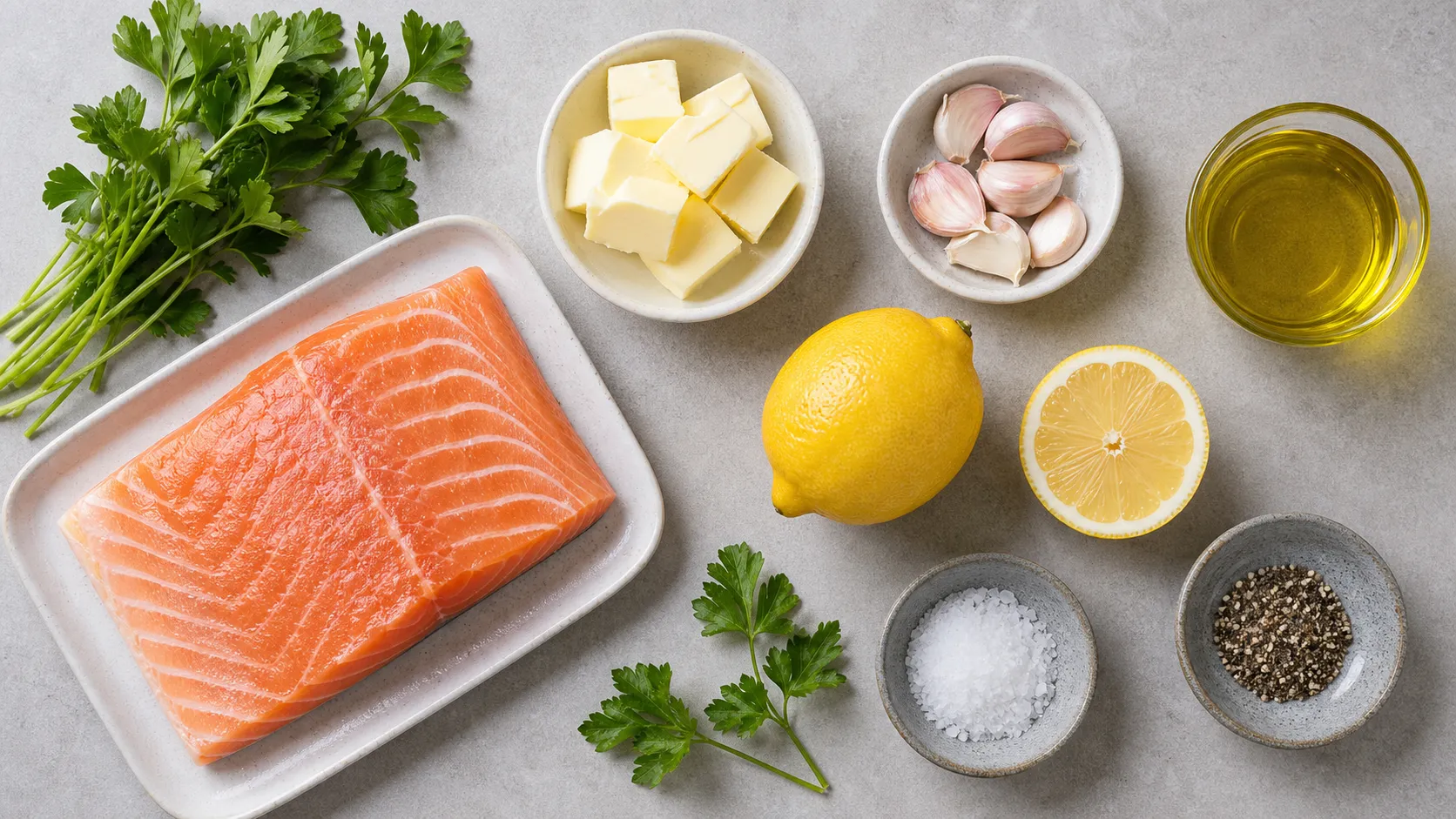 Zutaten für Keto TK-Lachs aus dem Ofen: Lachsfilet, Butter, Knoblauch, Petersilie, Zitrone und Olivenöl