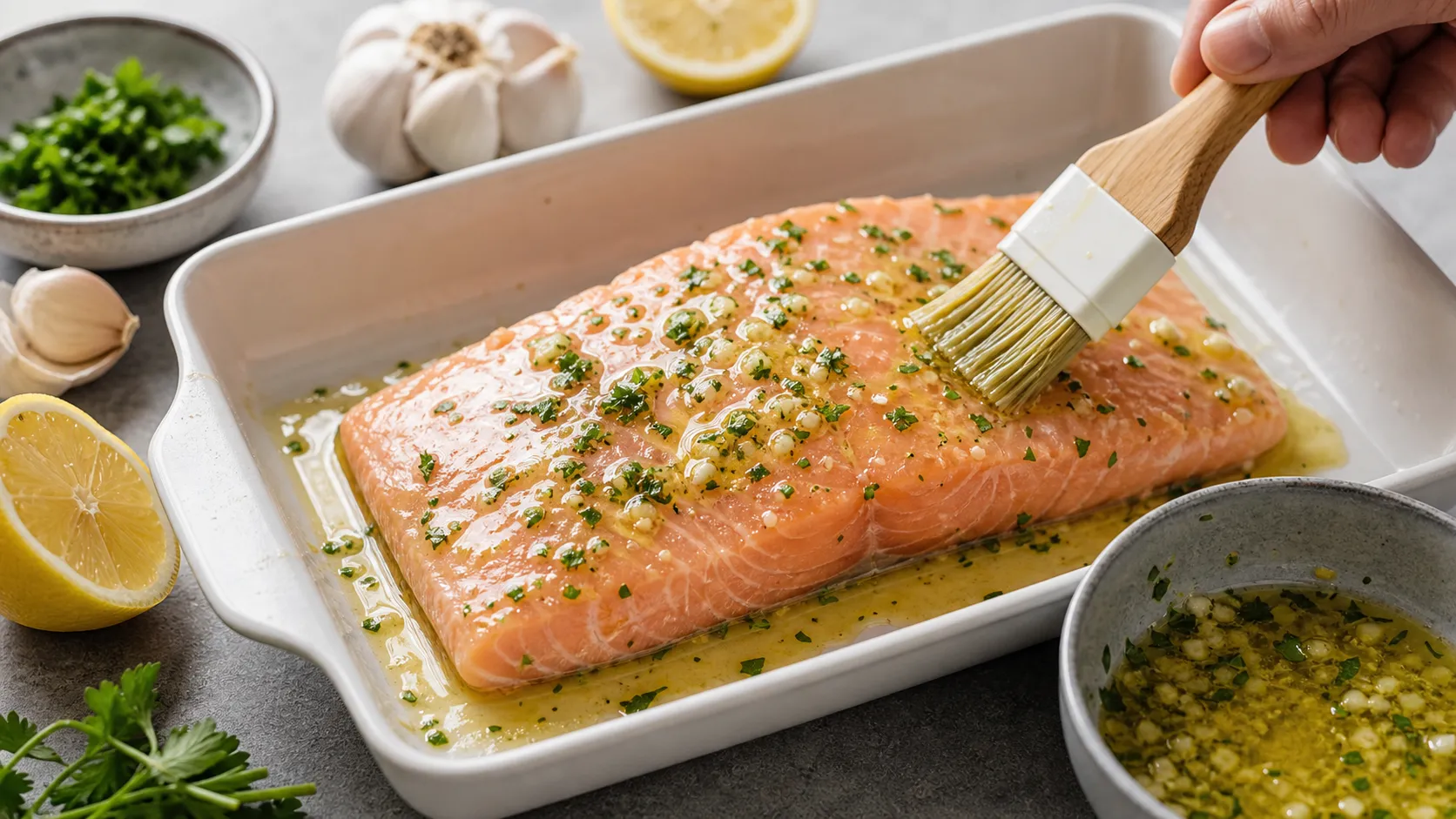 Lachsfilet in einer Ofenform wird mit geschmolzener Knoblauchbutter für Keto TK-Lachs bestrichen