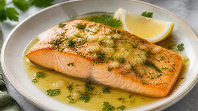 Keto TK-Lachs aus dem Ofen mit geschmolzener Knoblauchbutter, Petersilie und Zitrone