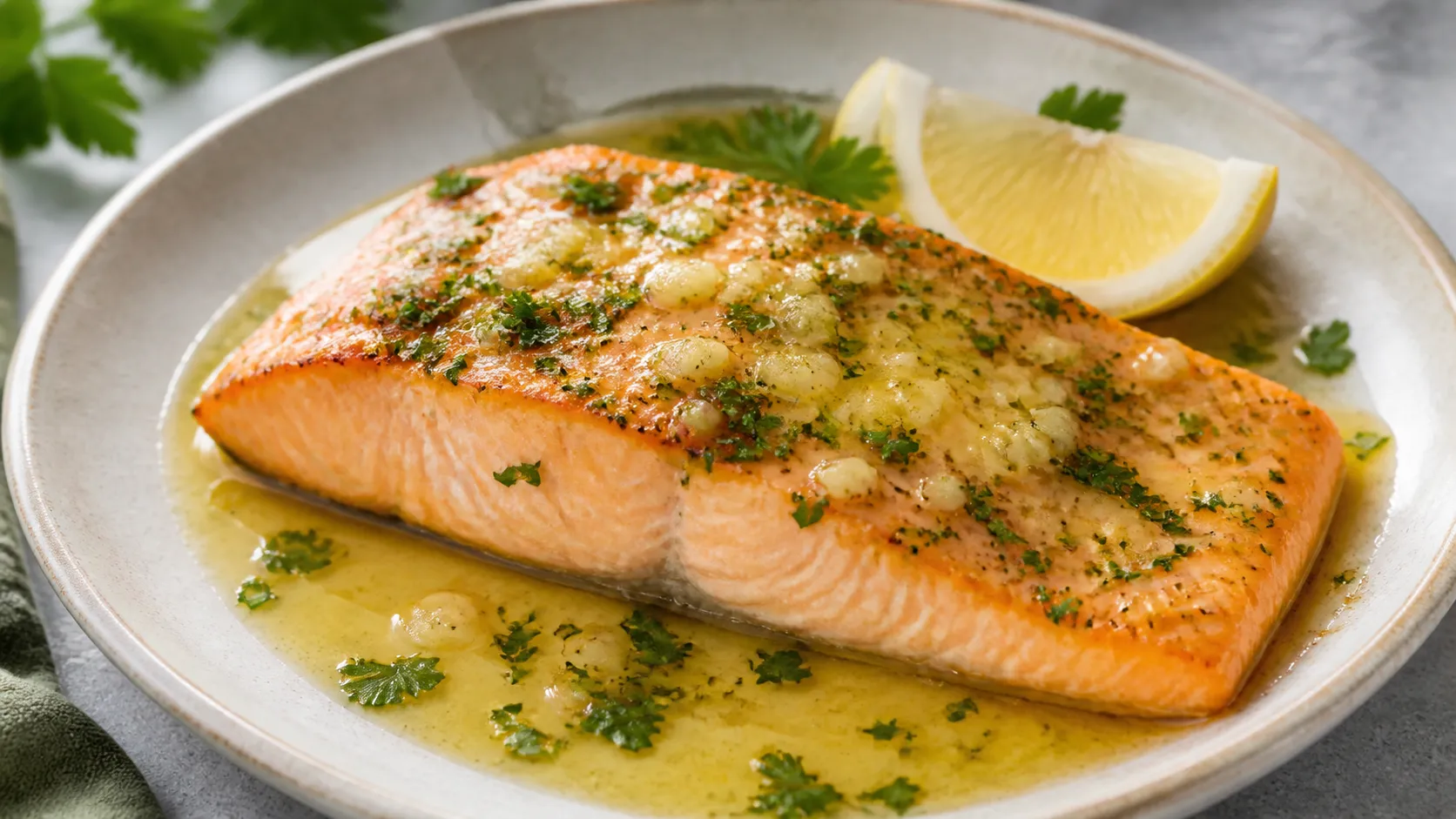Keto TK-Lachs aus dem Ofen mit geschmolzener Knoblauchbutter, Petersilie und Zitrone
