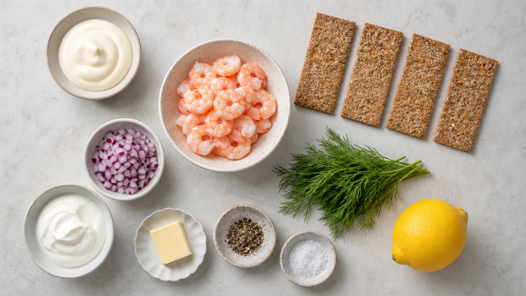 Zutaten für Keto Toast Skagen: gekochte Garnelen, Mayonnaise, Crème fraîche, Dill, rote Zwiebel und Zitrone