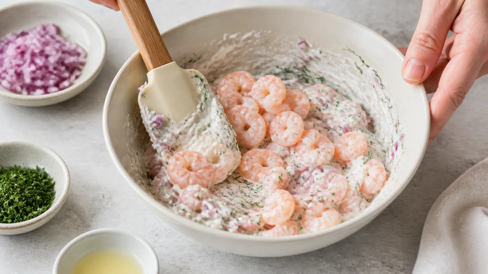Garnelen werden mit Dill und Creme in einer Schüssel vermengt, daneben in Butter geröstetes Keto-Knäckebrot