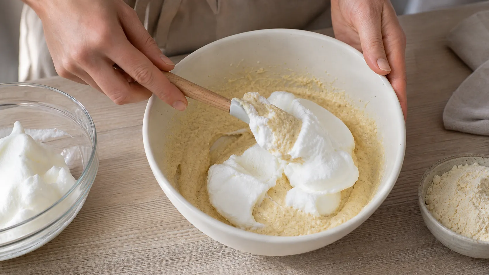 Steif geschlagener Eischnee wird vorsichtig unter den Mandelmehlteig gehoben