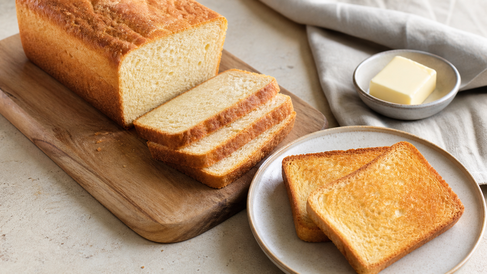 Helles Keto Toastbrot in Scheiben geschnitten, zwei davon goldbraun getoastet