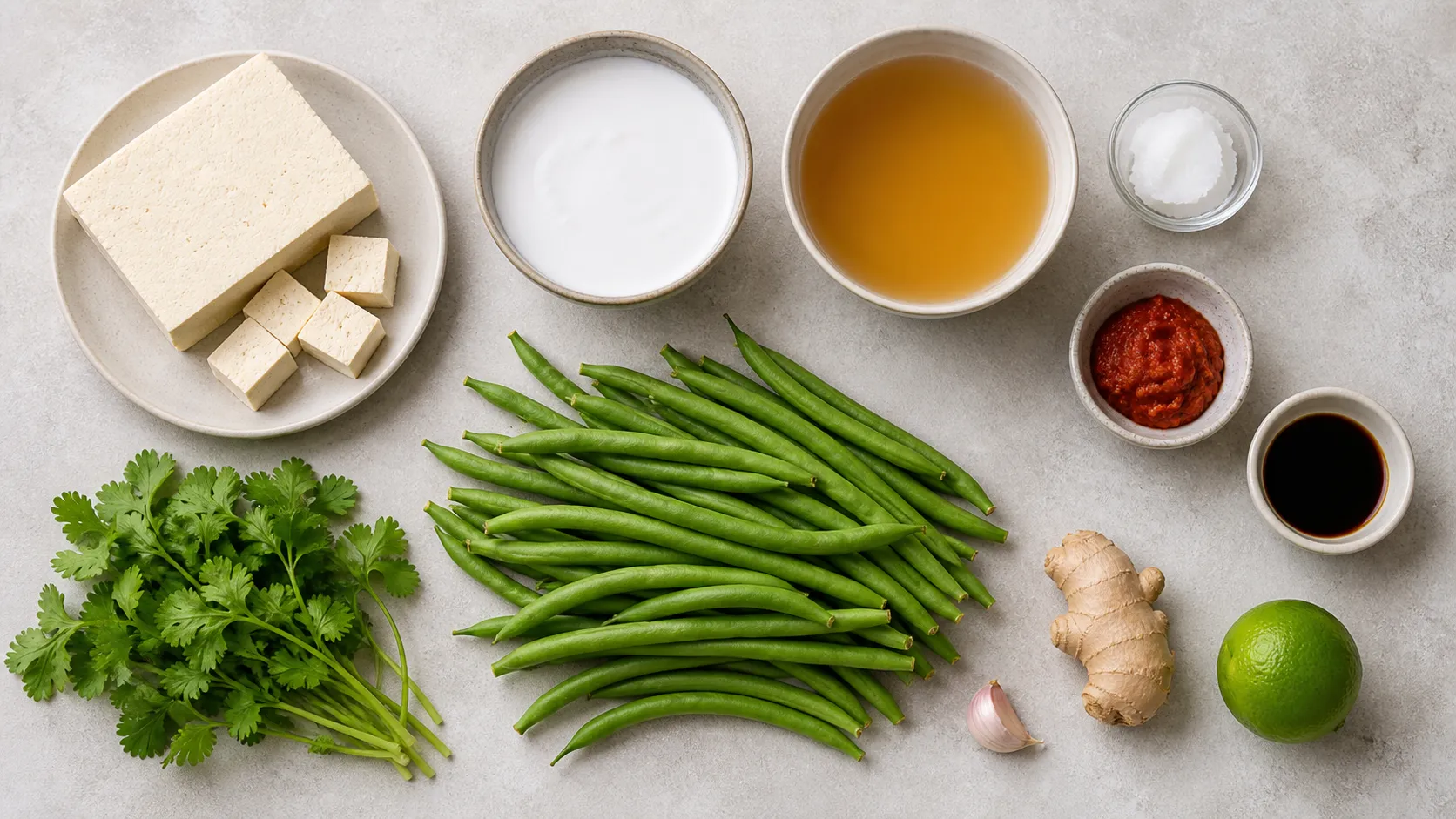 Zutaten für Keto-Tofu-Curry: Naturtofu, grüne Bohnen, Kokosmilch, rote Currypaste, Ingwer, Knoblauch und Limette