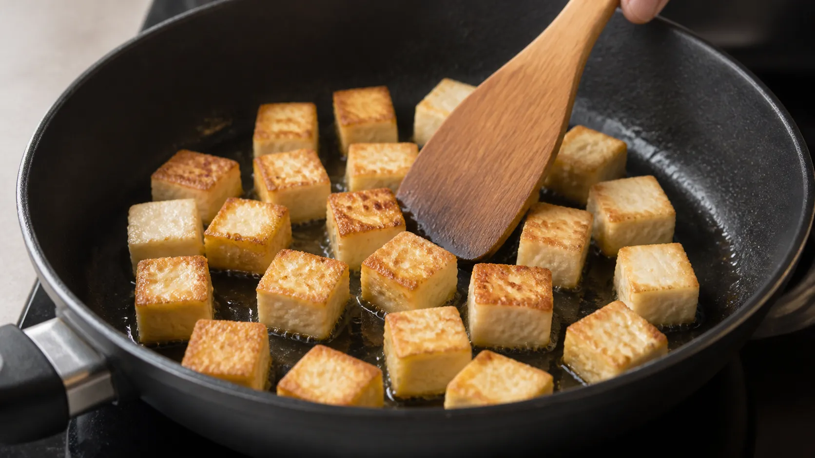 Tofuwürfel werden in einer Pfanne in Kokosöl rundum goldbraun gebraten