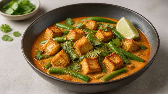 Tofu-Curry mit grünen Bohnen in cremiger Kokossauce, garniert mit Koriander und Limettenspalte
