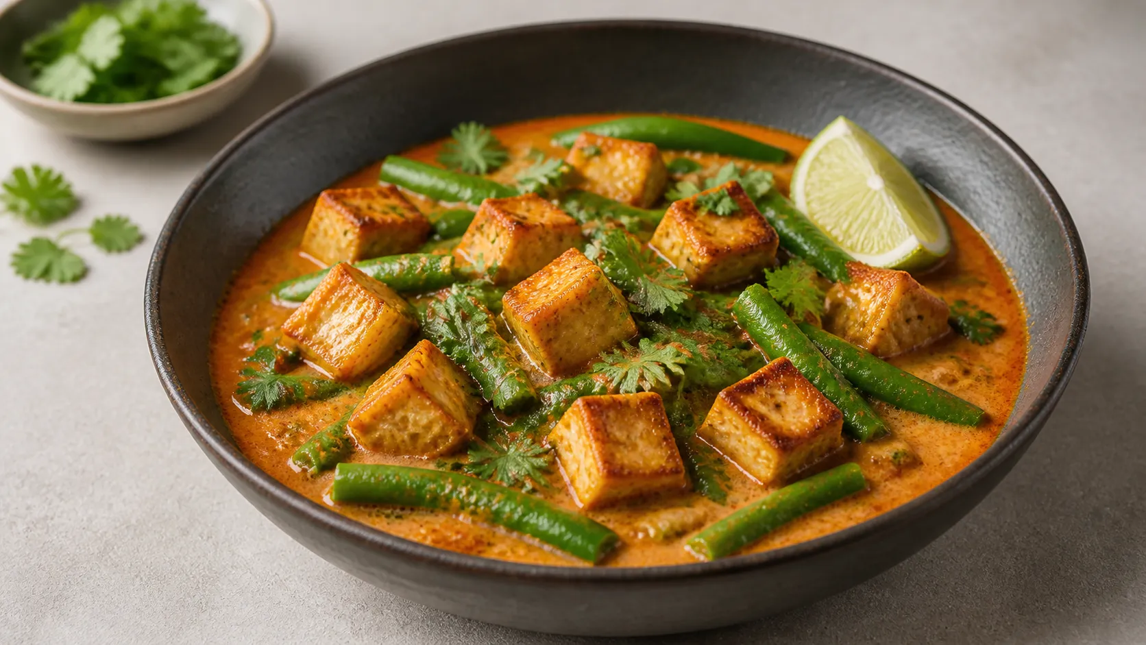 Tofu-Curry mit grünen Bohnen in cremiger Kokossauce, garniert mit Koriander und Limettenspalte
