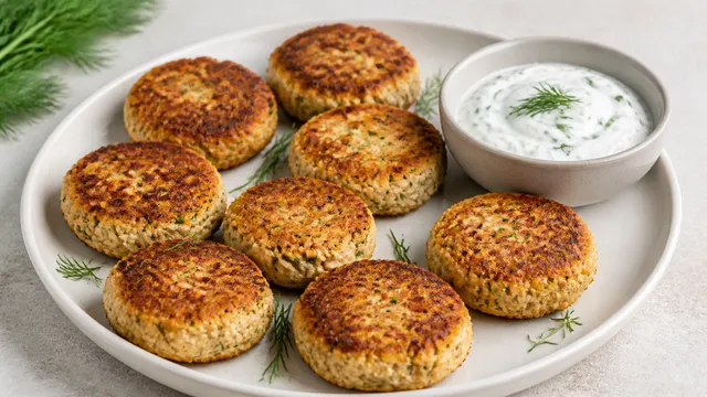 Acht goldbraun gebratene Keto-Tofu-Frikadellen auf einem Teller mit Kräuter-Joghurt-Dip und frischem Dill