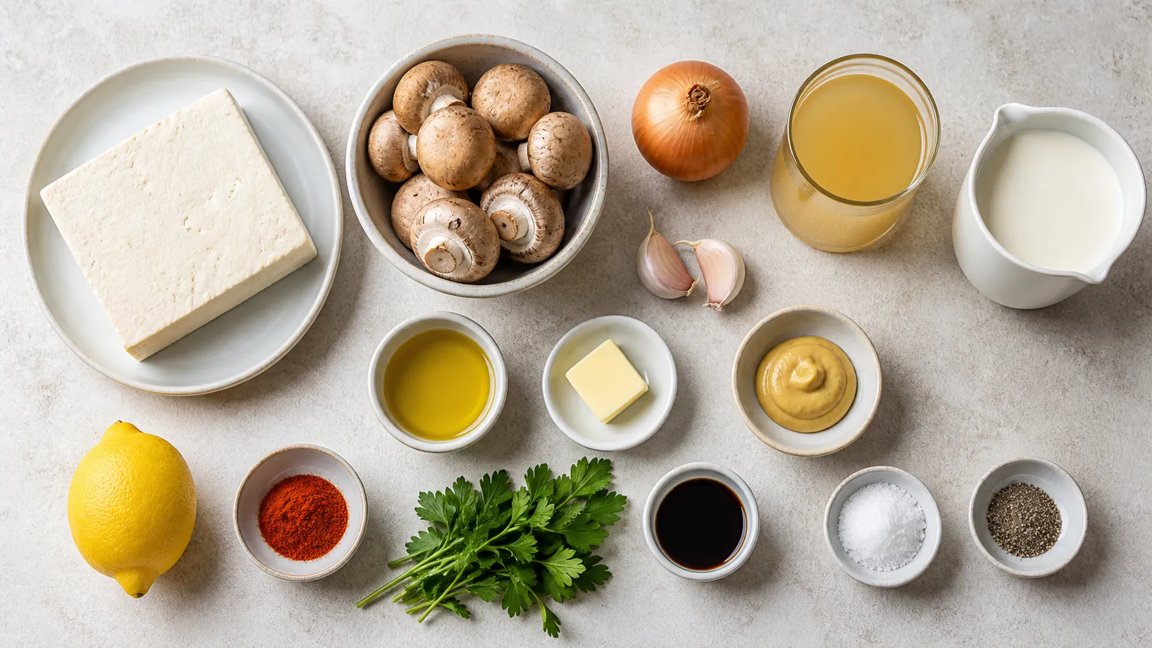 Zutaten für Keto Tofu-Geschnetzeltes: fester Naturtofu, Champignons, Zwiebel, Knoblauch, Sahne, Senf und Sojasauce