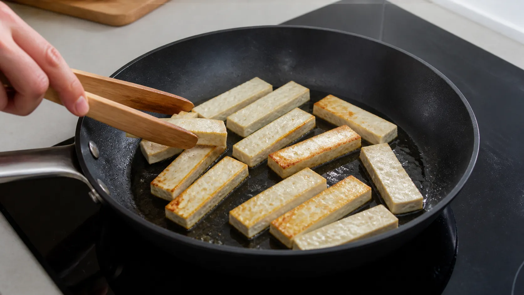 Tofustreifen werden für Keto Tofu-Geschnetzeltes allein in einer Pfanne goldbraun angebraten