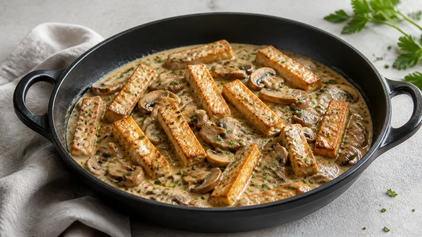 Pfanne mit Keto Tofu-Geschnetzeltem in heller Champignon-Rahmsauce, bestreut mit Petersilie