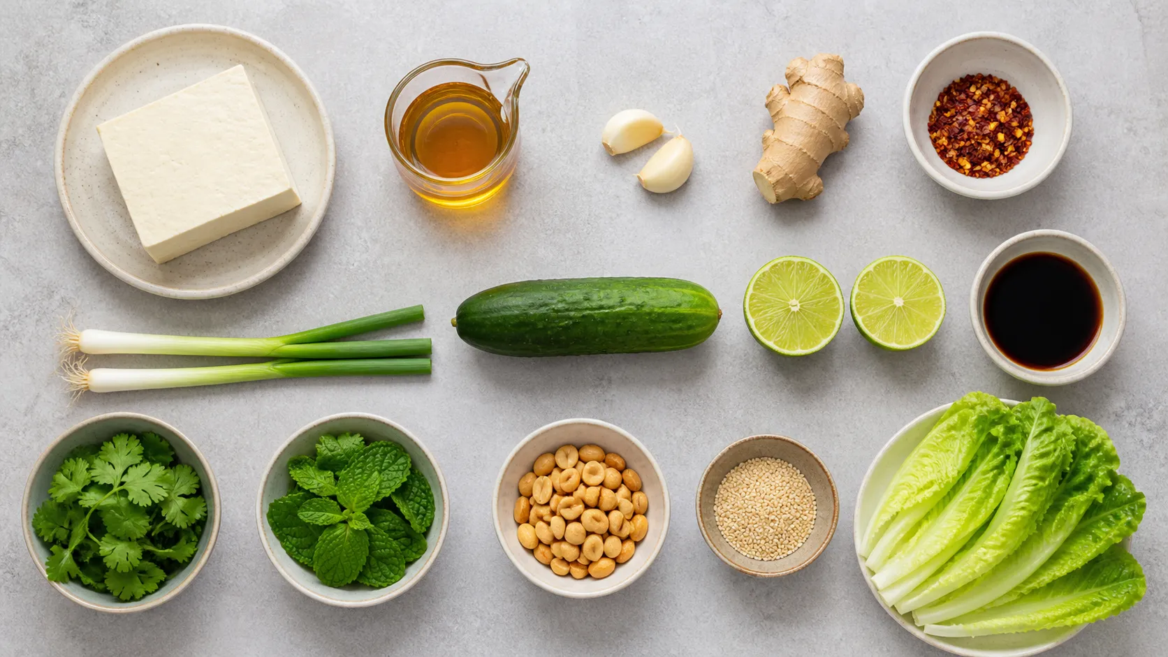 Zutaten für Keto-Tofu-Larb: Tofu, Limetten, Sojasauce, Chili, Erdnüsse, Koriander und Salatblätter