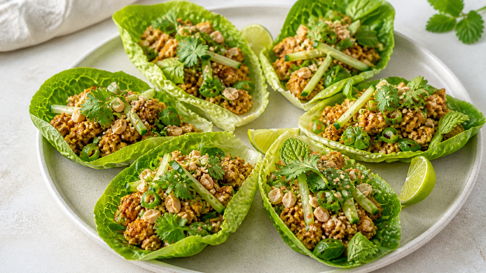 Keto-Tofu-Larb mit Limette, Koriander und Erdnüssen in knackigen Salatblättern angerichtet