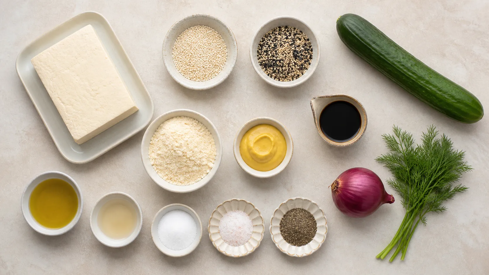 Zutaten für Keto-Tofu-Schnitzel: fester Naturtofu, Sesamsaat, Mandelmehl, Senf, Salatgurke und Dill