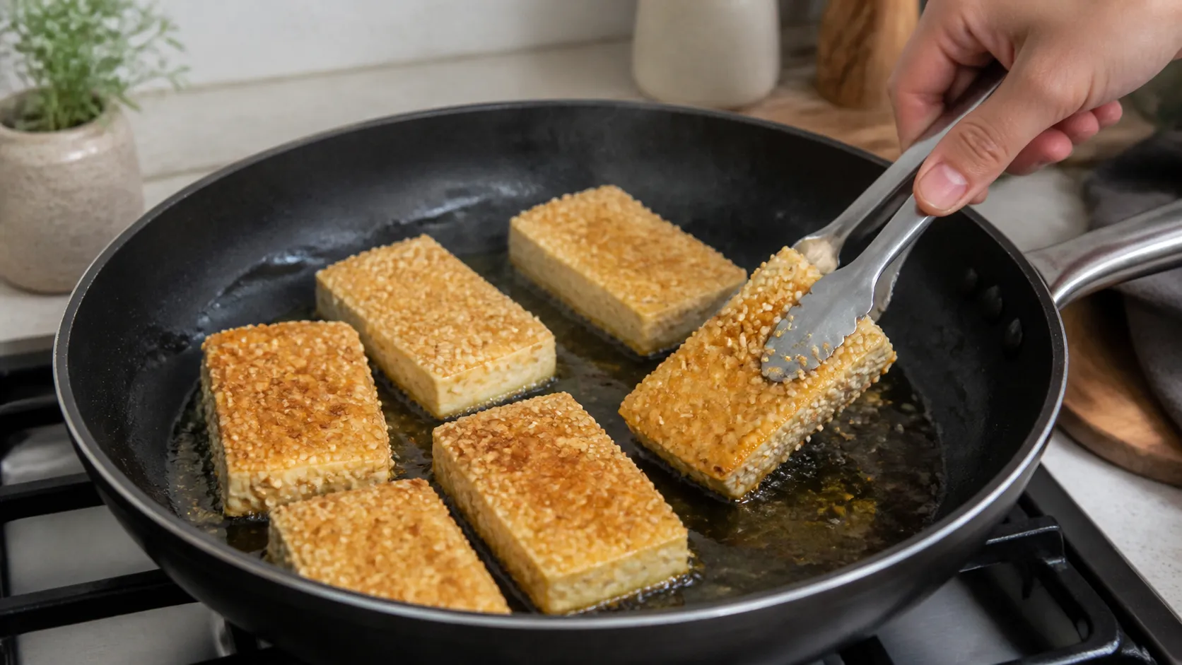 In Sesam und Mandelmehl panierte Tofuscheiben braten in einer Pfanne mit Öl