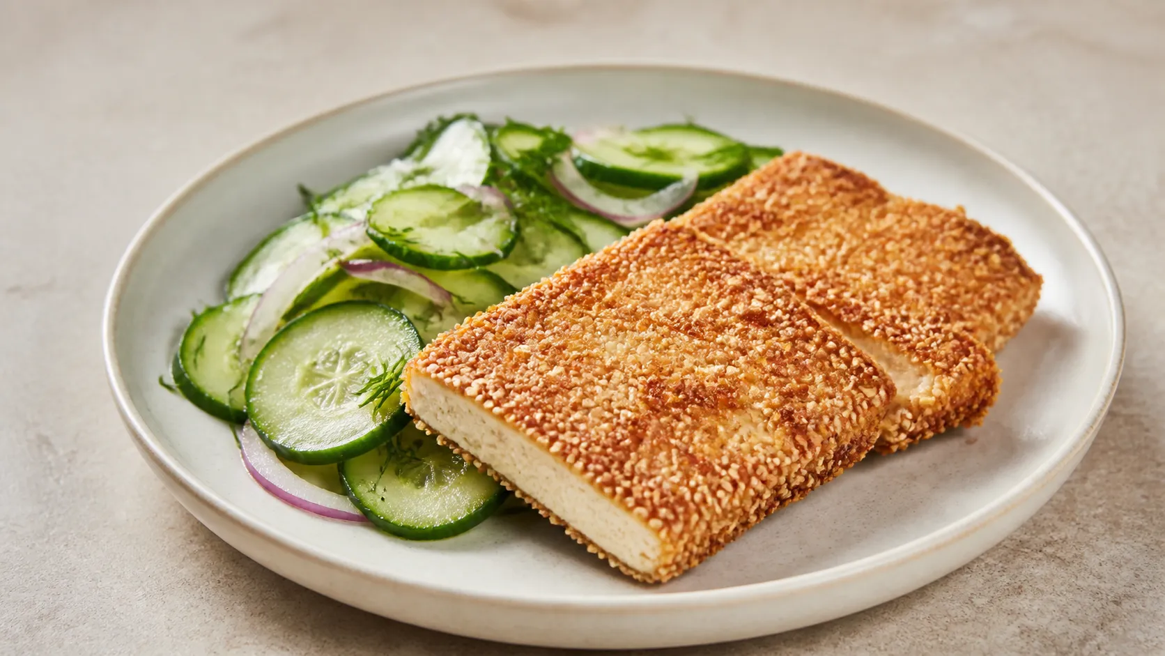 Zwei goldbraune Tofu-Schnitzel mit Sesamkruste auf einem Teller neben frischem Gurkensalat mit Dill