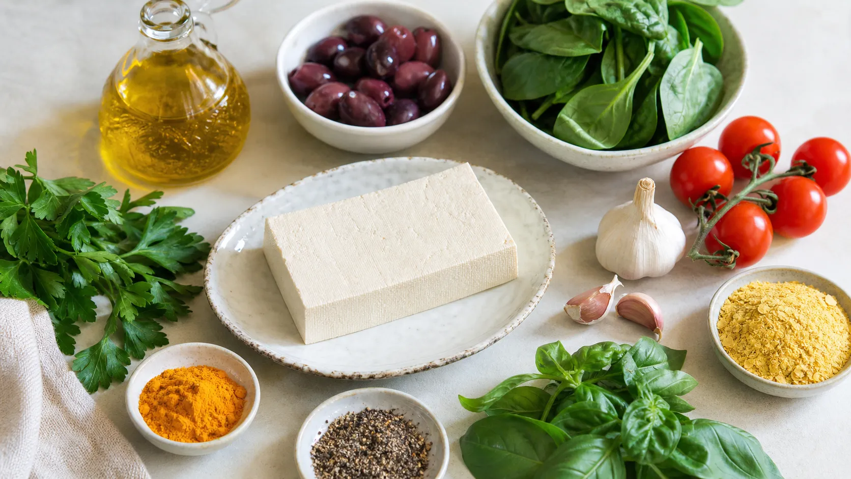 Zutaten für das Keto Tofu-Scramble Mediterran: Naturtofu, Olivenöl, Kalamata-Oliven, Kirschtomaten, frischer Spinat, Kurkuma, Hefeflocken und Knoblauch