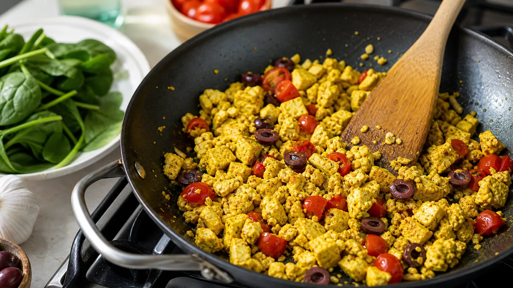 Zerbröselter Tofu wird in Olivenöl mit Kurkuma in einer Pfanne goldgelb angebraten