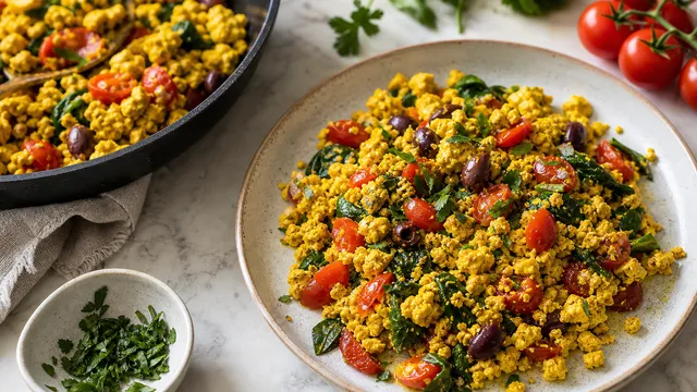 Keto Tofu-Scramble Mediterran mit goldgelbem zerbröseltem Tofu, Kalamata-Oliven, halbierten Kirschtomaten und frischem Spinat in einer schwarzen Pfanne