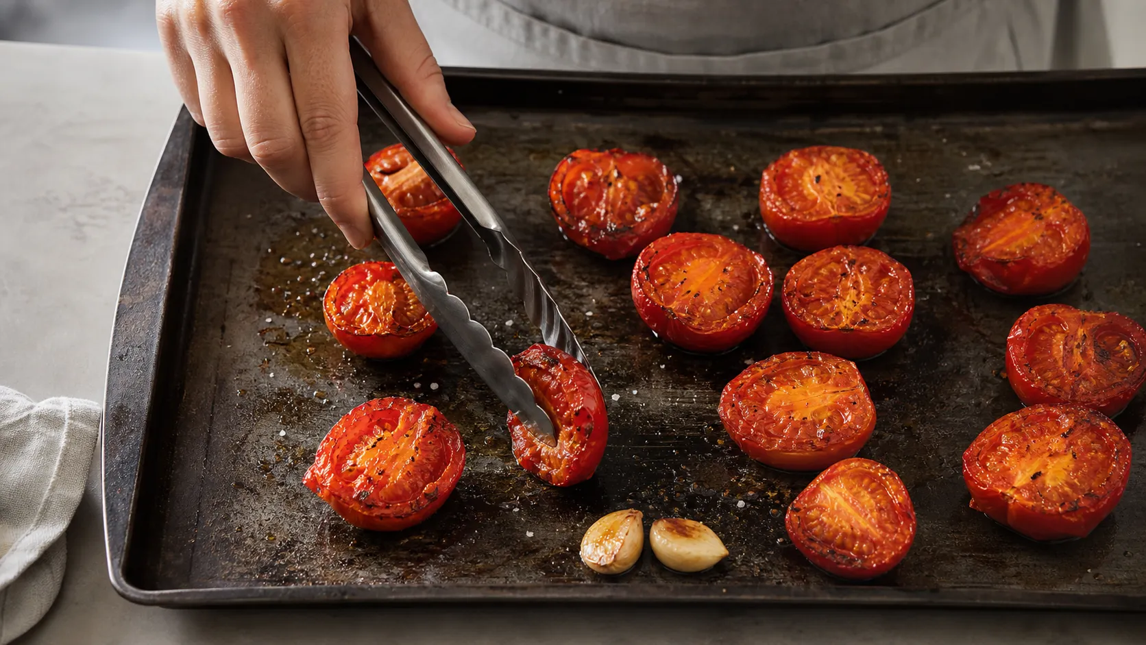 Geröstete Tomatenhälften und Knoblauch mit Olivenöl auf einem Backblech wenden