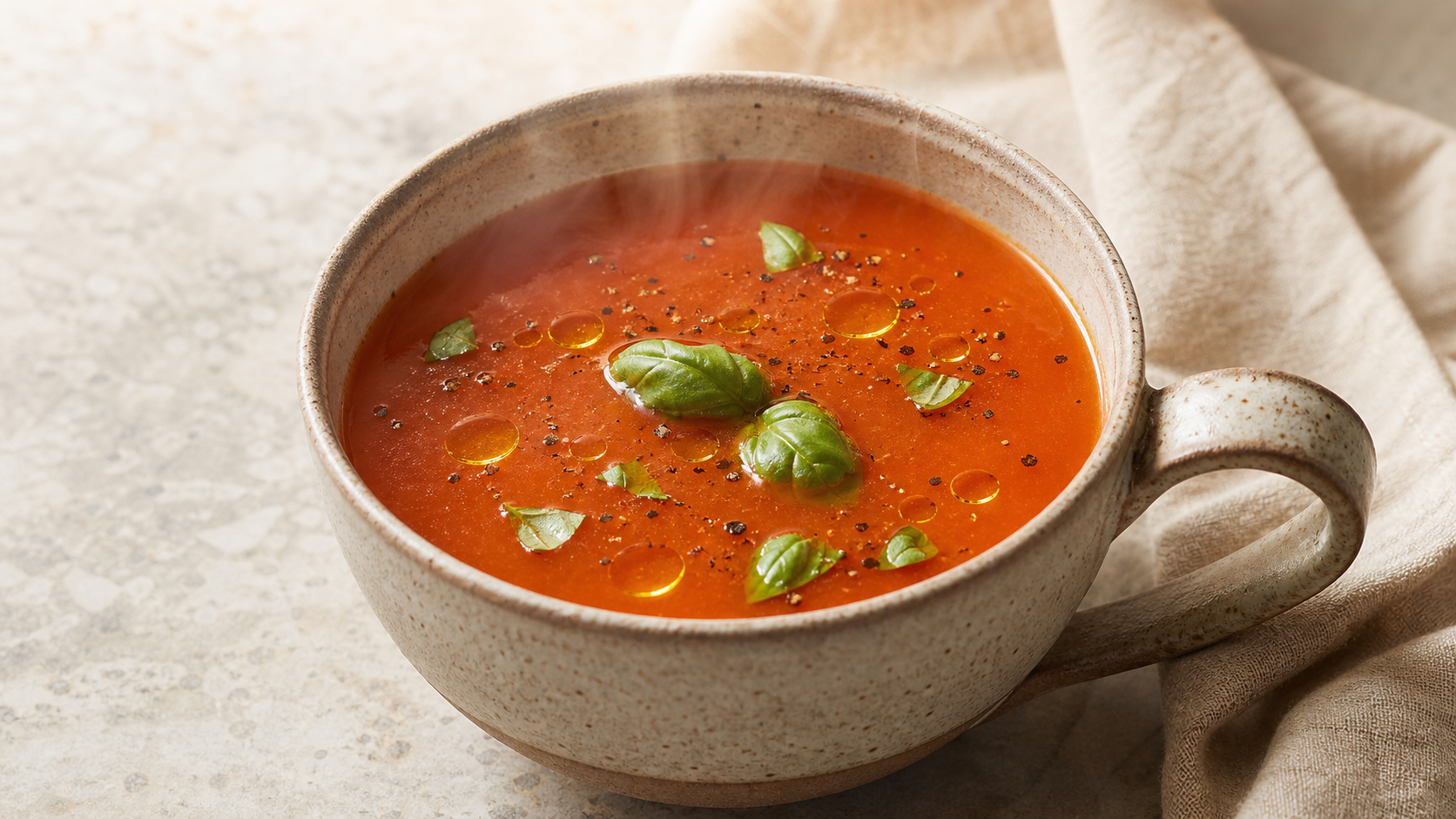 Keto Tomaten-Miso-Brühe mit Olivenöl, Basilikum und Pfeffer in einer Keramiktasse