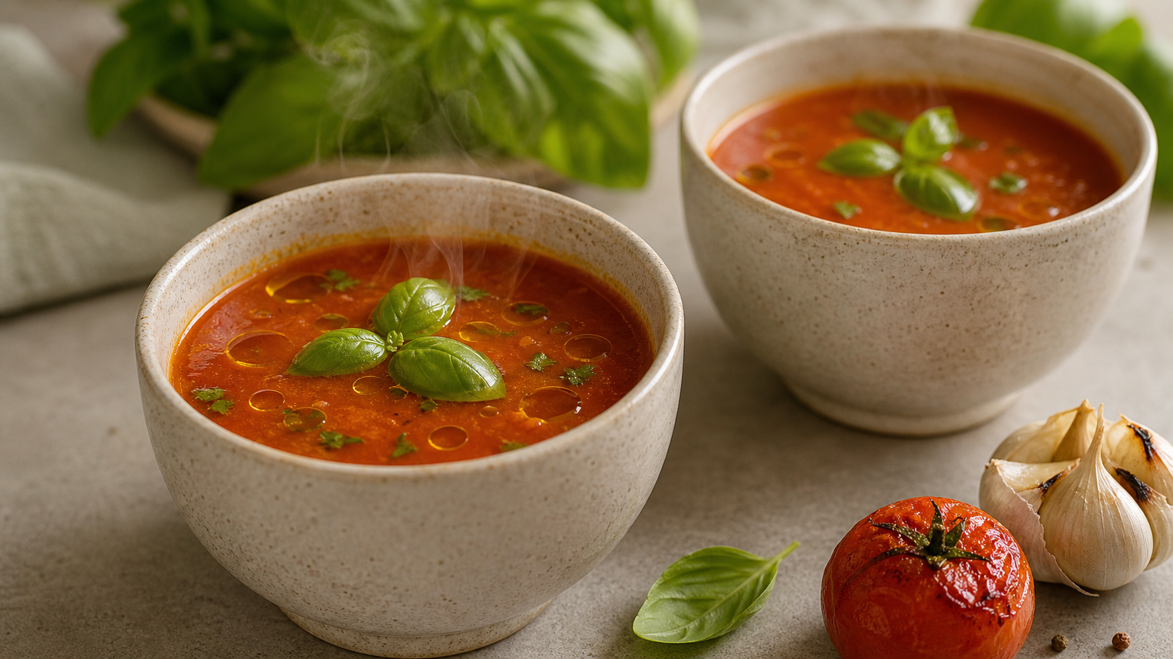 Keto Tomaten-Miso-Brühe mit Olivenöl, Basilikum und leichtem Dampf in einer Tasse