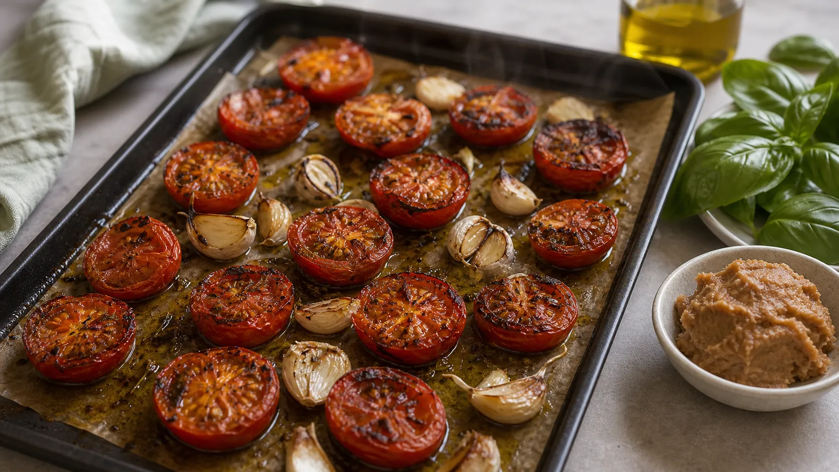 Halbierte Tomaten und Knoblauch rösten mit Olivenöl auf einem Backblech