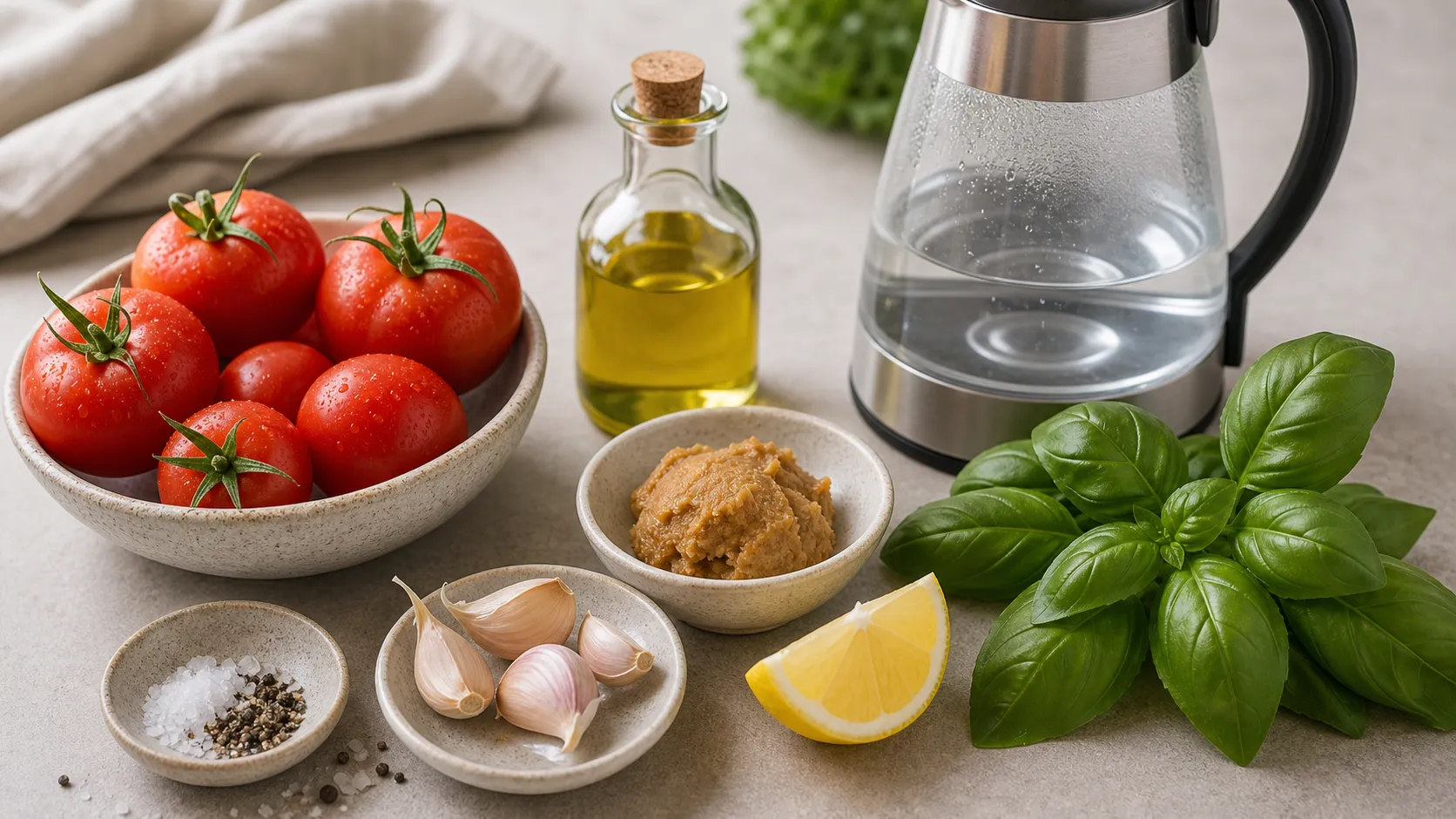 Tomaten, Knoblauch, Olivenöl, helle Misopaste, Basilikum, Zitrone, Salz und Pfeffer für Keto Brühe