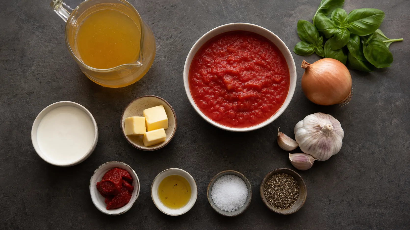 Zutaten für Keto Tomatensuppe: passierte Tomaten, Sahne, Butter, Zwiebel, Knoblauch und Basilikum