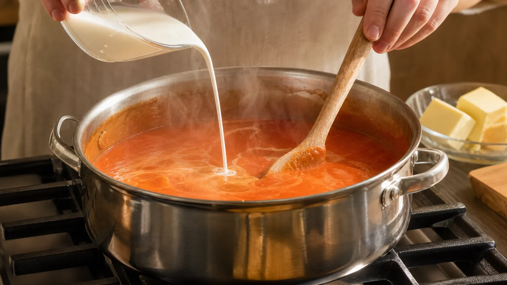 Tomatensuppe köchelt im Topf und wird mit Sahne cremig gerührt
