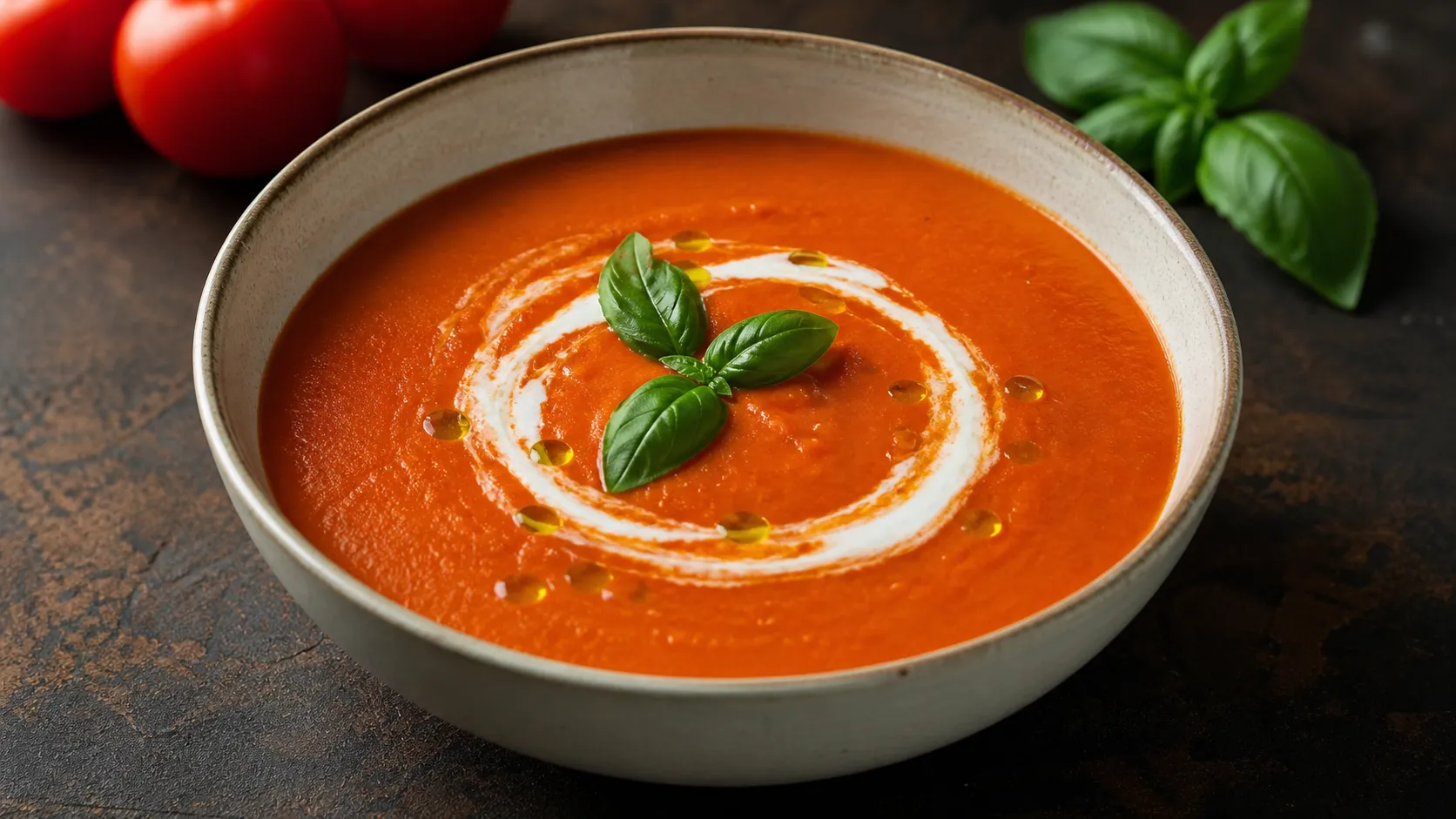 Cremige Keto Tomatensuppe mit einem Sahnespiegel und frischem Basilikum in einem tiefen Teller