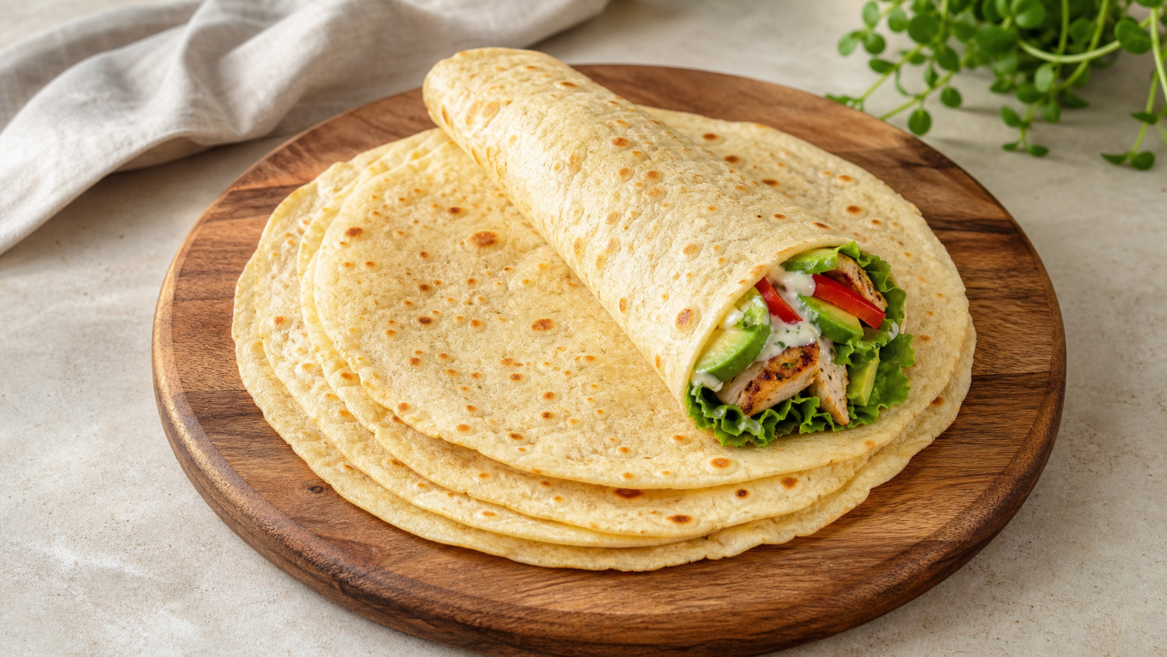 Ein Stapel Keto Tortilla-Fladen, einer davon zu einem gefüllten Wrap gerollt