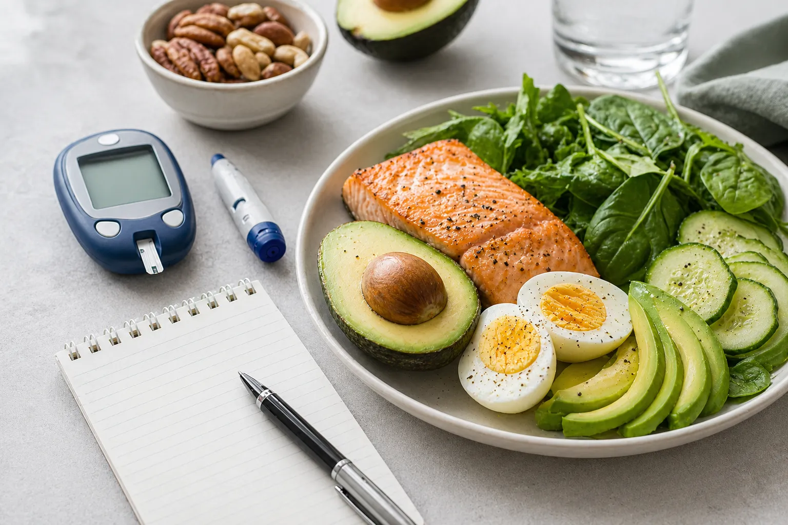 Blutzuckermessgerät, Diabetes-Forschungskarte und Keto-Lebensmittel auf einem klinischen Tisch
