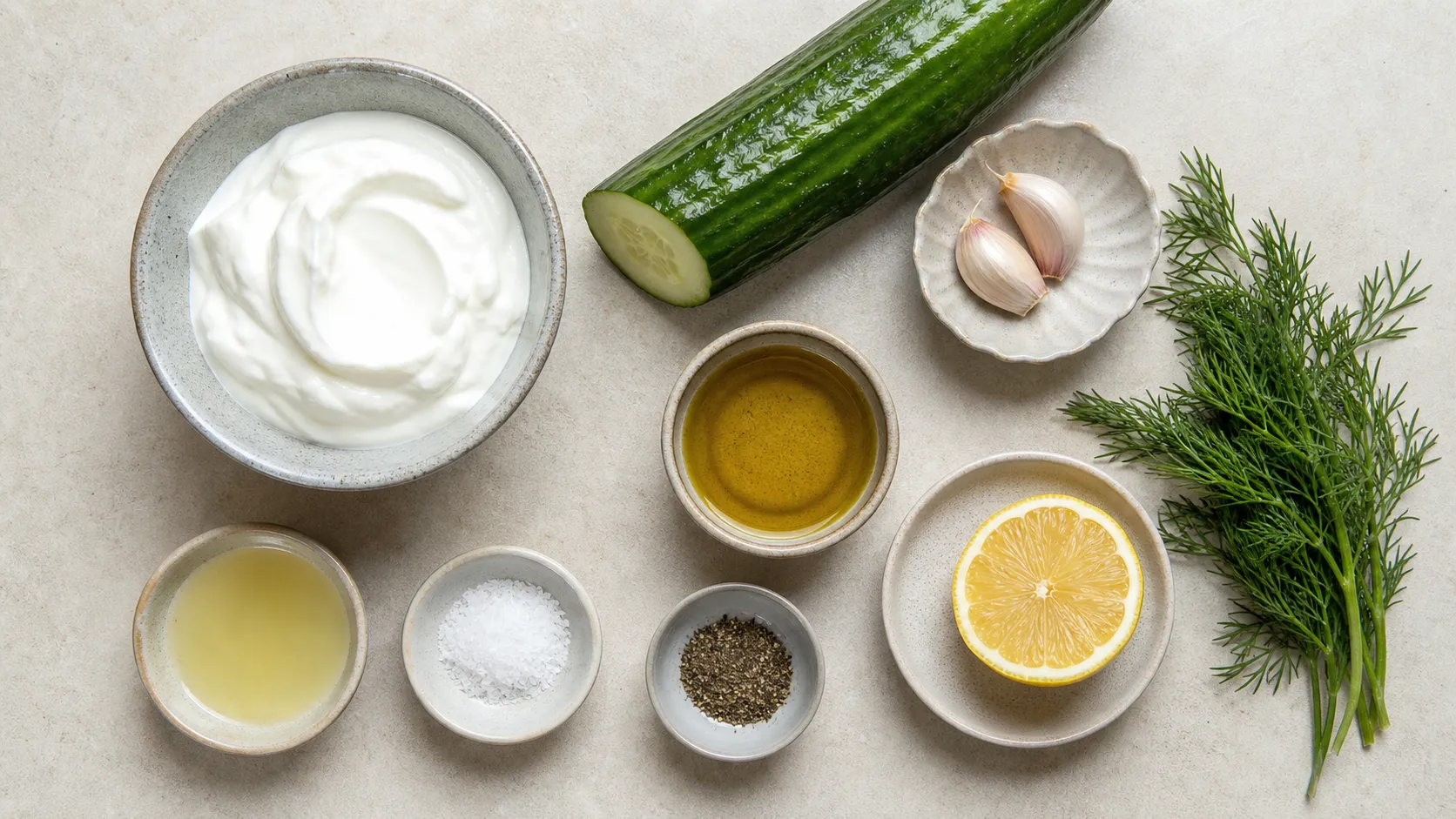 Zutaten für Keto Tzatziki: griechischer Joghurt, Salatgurke, Knoblauch, Dill, Olivenöl und Zitrone