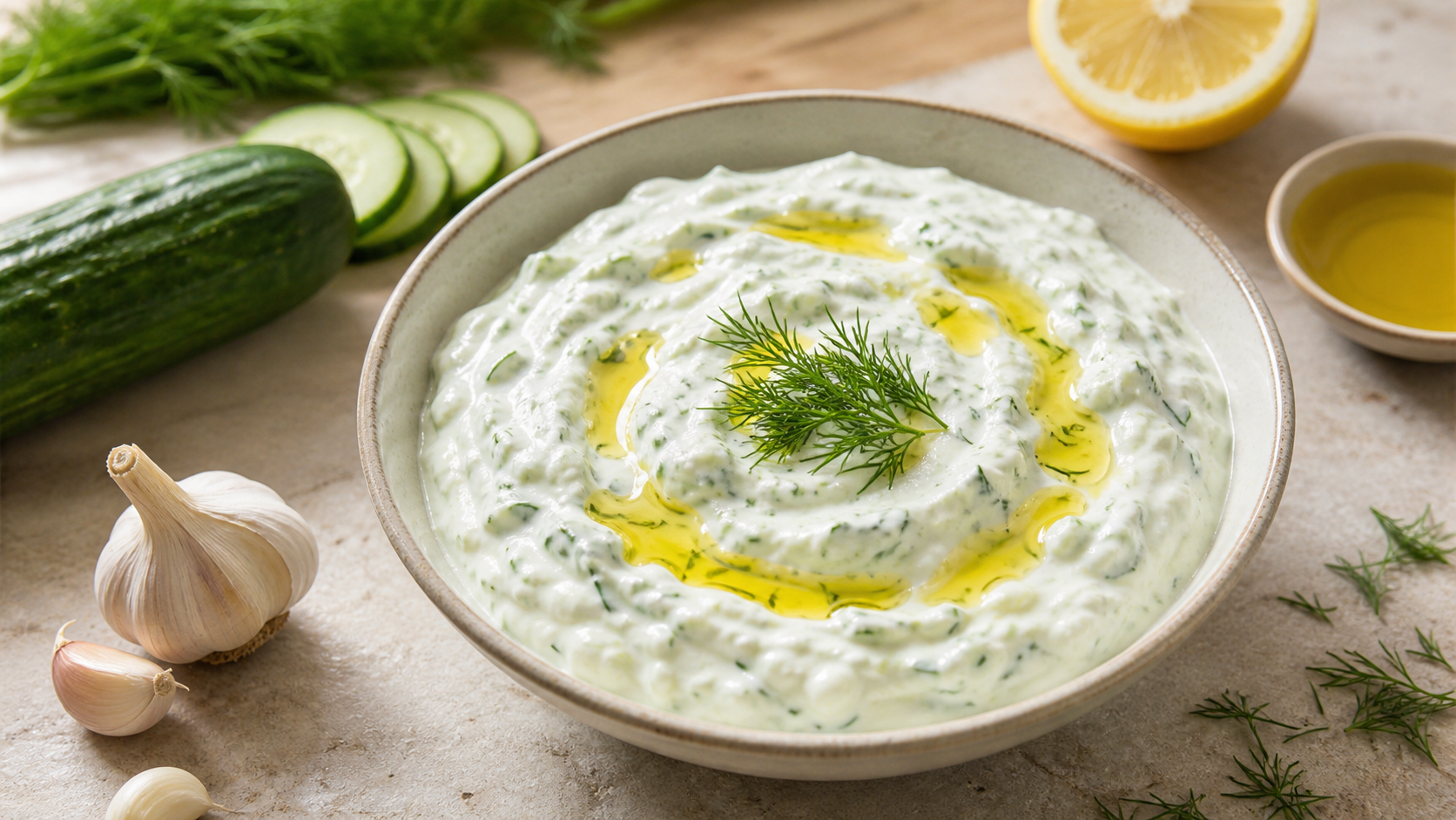 Keto Tzatziki mit Gurke, Knoblauch und Dill in einer Schale mit Olivenöl
