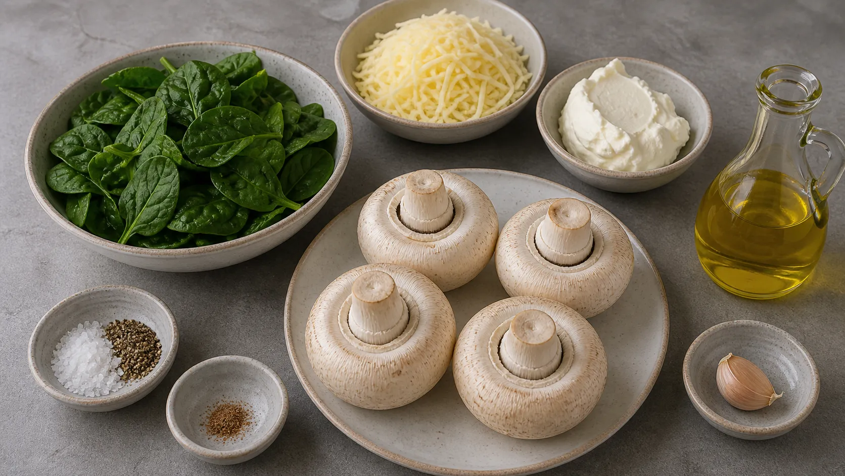 Zutaten für überbackene Keto-Champignons: große Champignons, Babyspinat, Gouda, Frischkäse, Knoblauch und Olivenöl