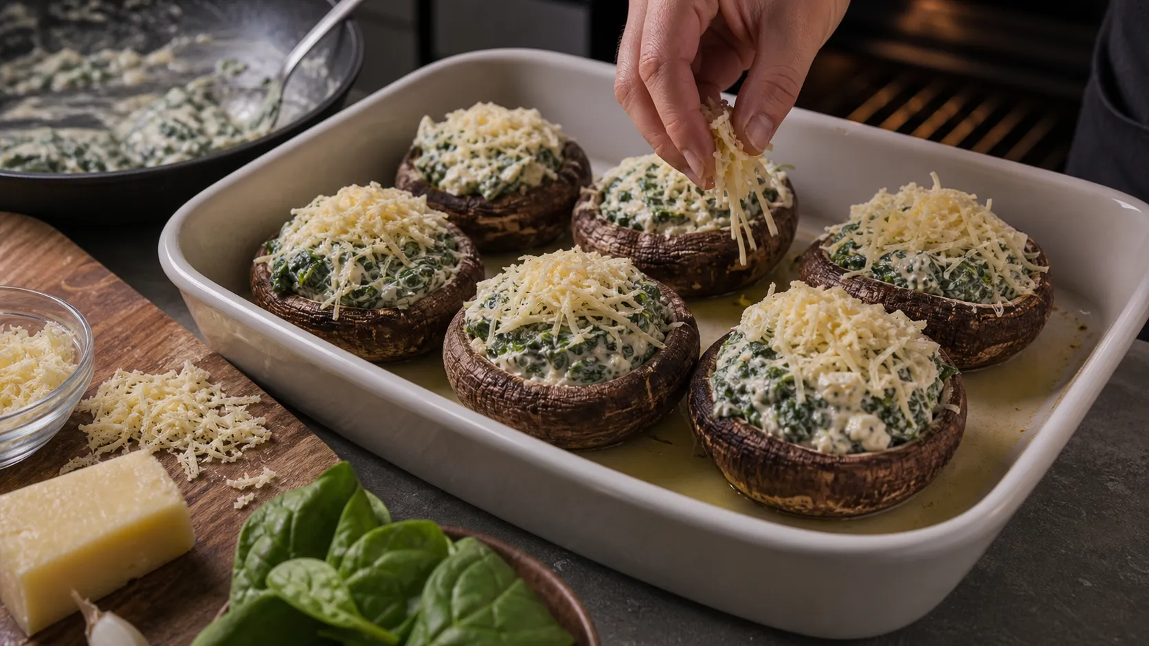 Champignons mit Spinat-Käse-Füllung auf einem Backblech vor dem Überbacken