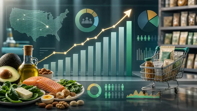 Datenvisualisierung zur Keto-Marktentwicklung mit abstrakten Statistiken und Low-Carb-Lebensmitteln