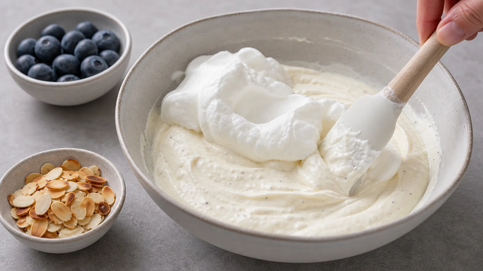 Quark wird mit aufgeschlagener Sahne zu einer cremigen Vanillemasse verrührt