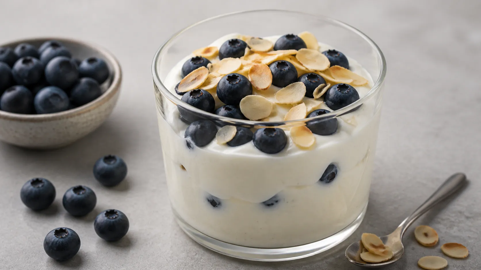 Cremiger Keto-Vanille-Quark mit Heidelbeeren und gerösteten Mandelblättchen in einem Glas