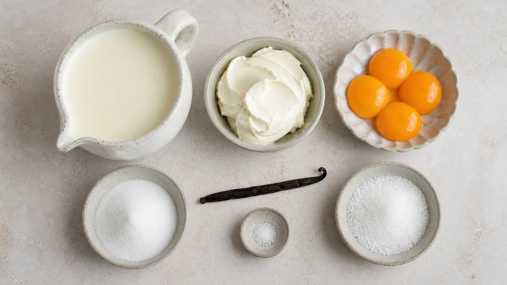Zutaten für Keto Vanilleeis: Sahne, Mascarpone, Eigelb, Vanilleschote, Erythrit und Allulose