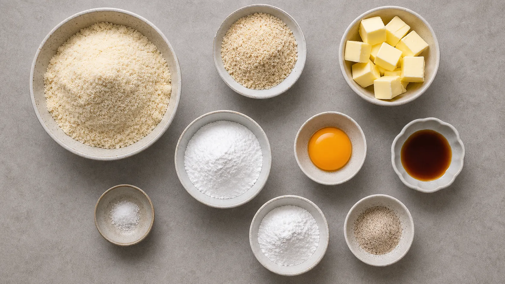 Zutaten für Keto Vanillekipferl mit Mandelmehl, gemahlenen Mandeln, Butter und Vanille