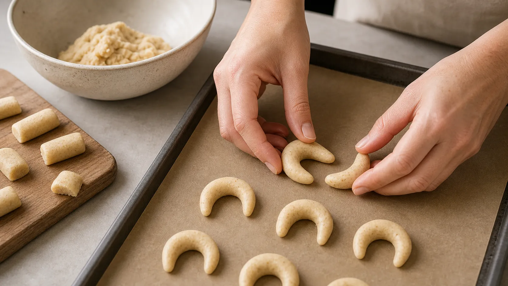 Mandelmehl-Teig wird zu kleinen Vanillekipferl-Halbmonden geformt