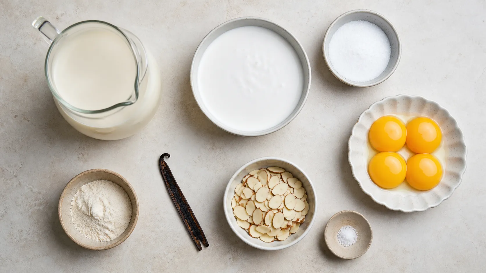 Zutaten für Keto Vanillepudding: Mandeldrink, Kokosmilch, Eigelb, Erythrit, Vanilleschote und Johannisbrotkernmehl