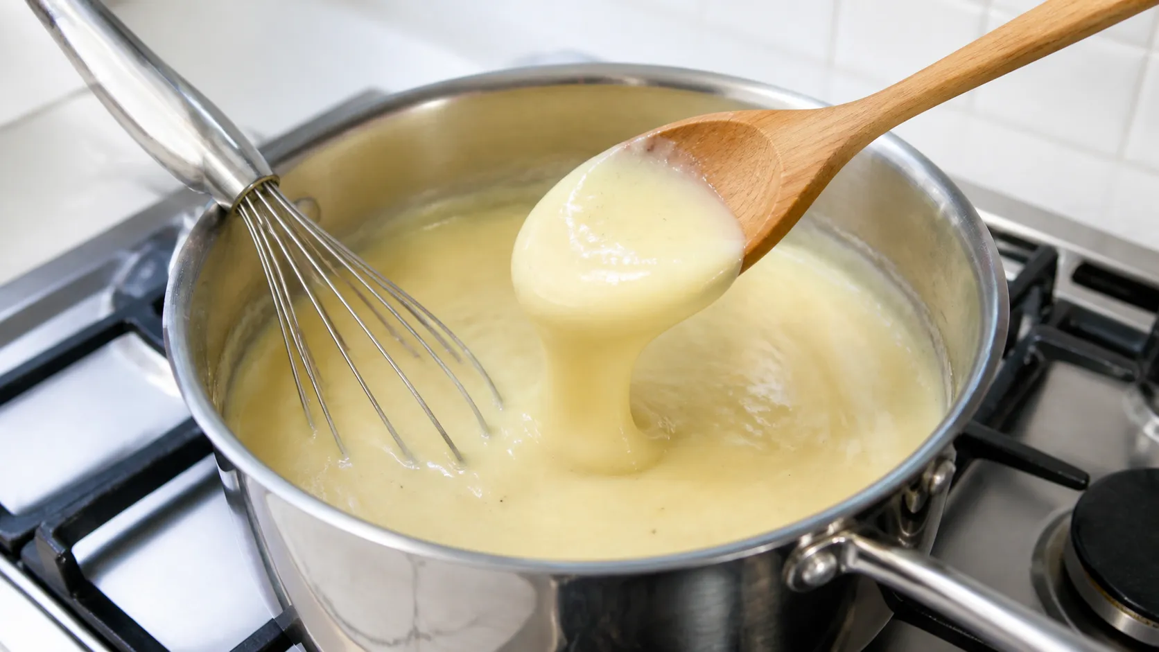 Puddingmasse wird im Topf mit einem Schneebesen gerührt und zieht am Kochlöffel eine Spur