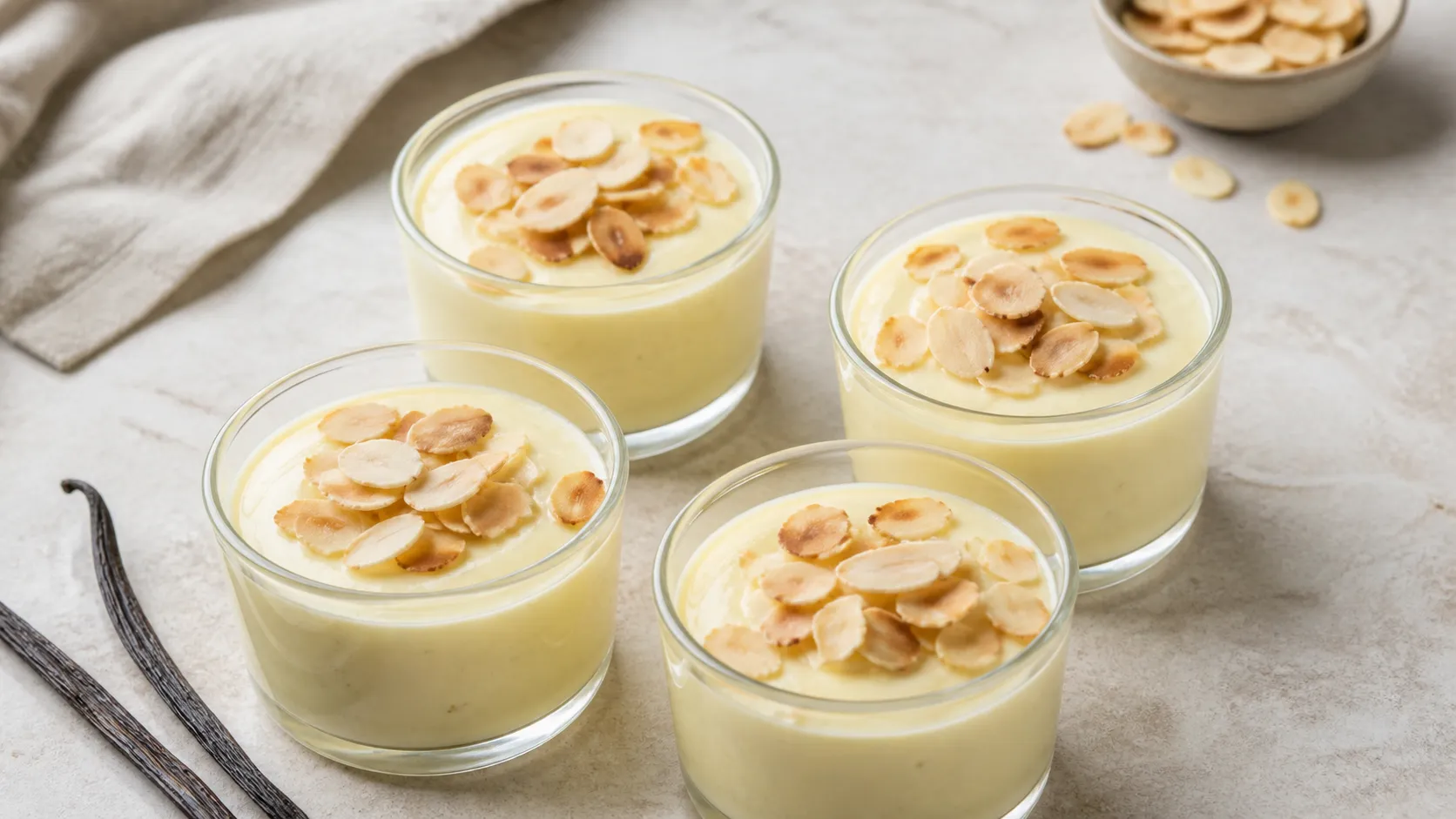 Vier Gläser Keto Vanillepudding mit sichtbaren Vanillepünktchen und gerösteten Mandelblättchen als Topping