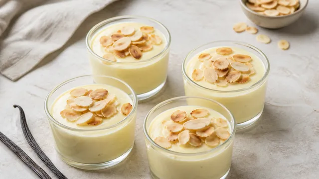 Vier Gläser Keto Vanillepudding mit sichtbaren Vanillepünktchen und gerösteten Mandelblättchen als Topping