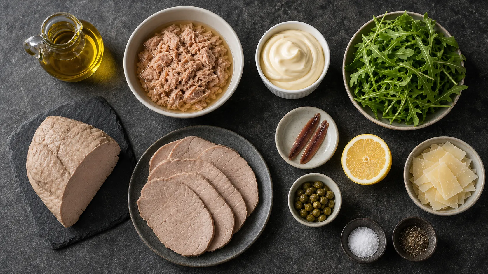 Zutaten für Keto Vitello Tonnato: gegartes Kalbfleisch, Thunfisch, Mayonnaise, Sardellen, Kapern und Rucola